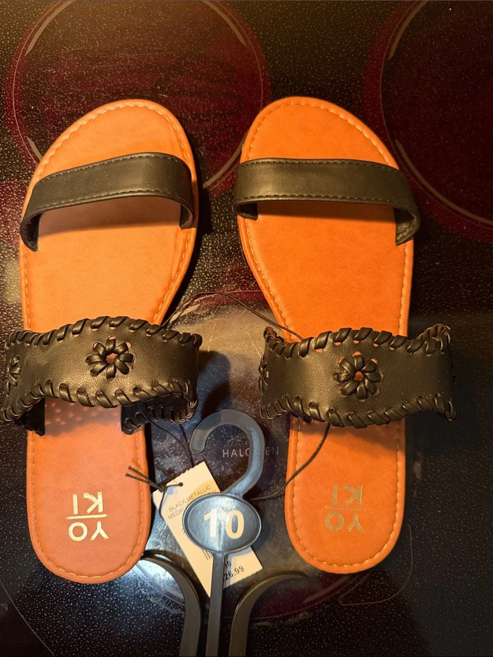 Yoki Black Strap Sandals with Orange Footbed